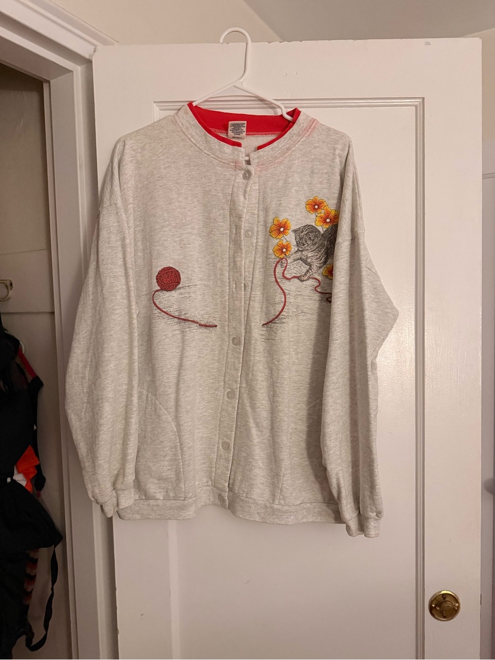 Light Gray Embroidered Cat Button-Up Sweater